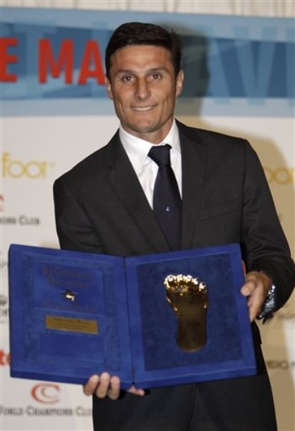 Javier Zanetti of Argentina receives an international football career award