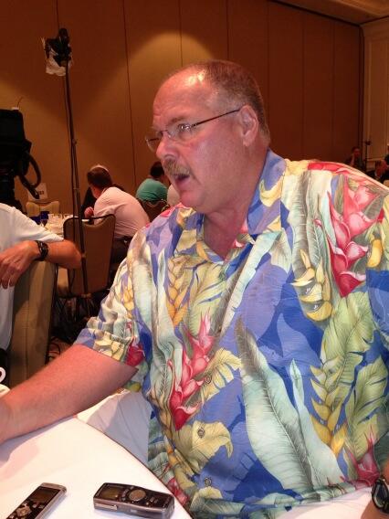 Andy Reid wearing the same Hawaiian shirt at the NFL owners meetings